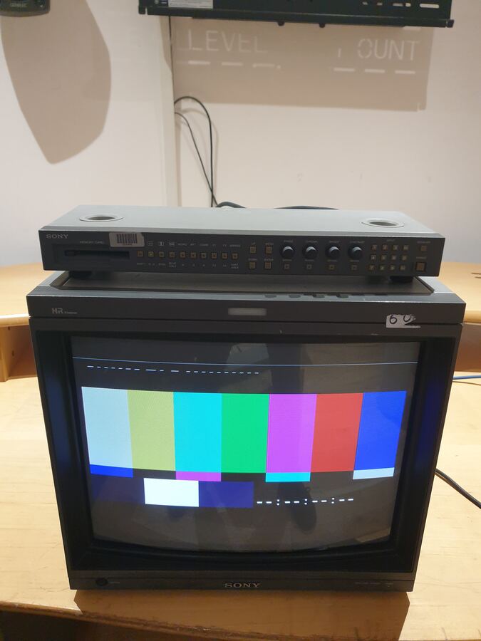 Sony Grade 1 broadcast CRT monitor with signal generator, colour bars on screen