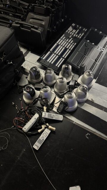 Group of PTZ studio cameras removed and grouped on the studio floor