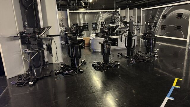 Studio floor with camera pedestals during teardown